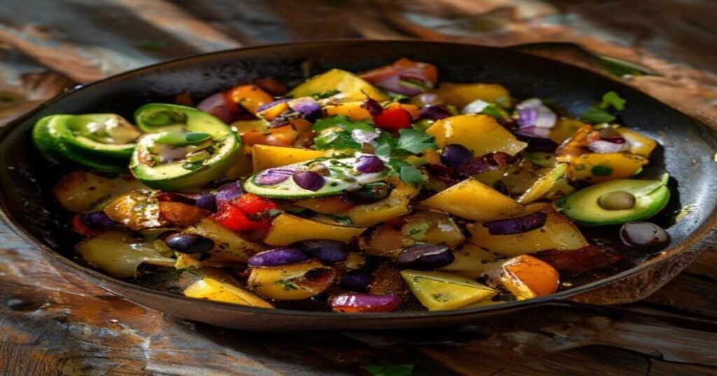 Spicy high-protein vegan black bean breakfast hash with peppers and spices (118 characters)