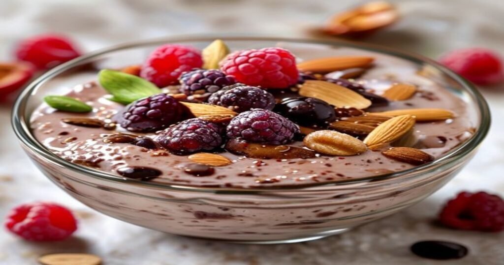 High-protein vegan chocolate chia pudding with creamy texture