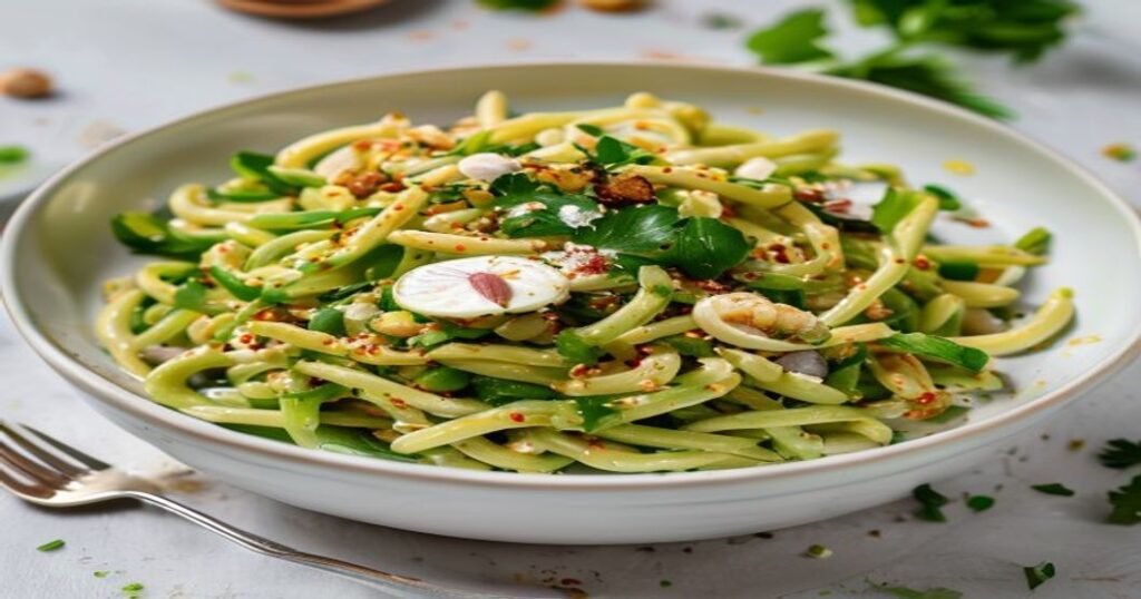 High-protein vegan edamame pasta with lemon garlic sauce