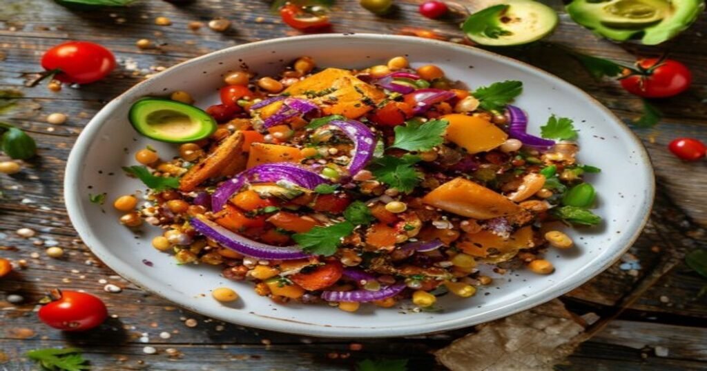 High-protein vegan quinoa salad with roasted veggies