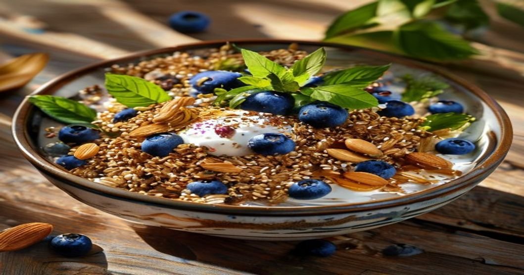 High-protein vegan quinoa breakfast bowl with nuts & seeds