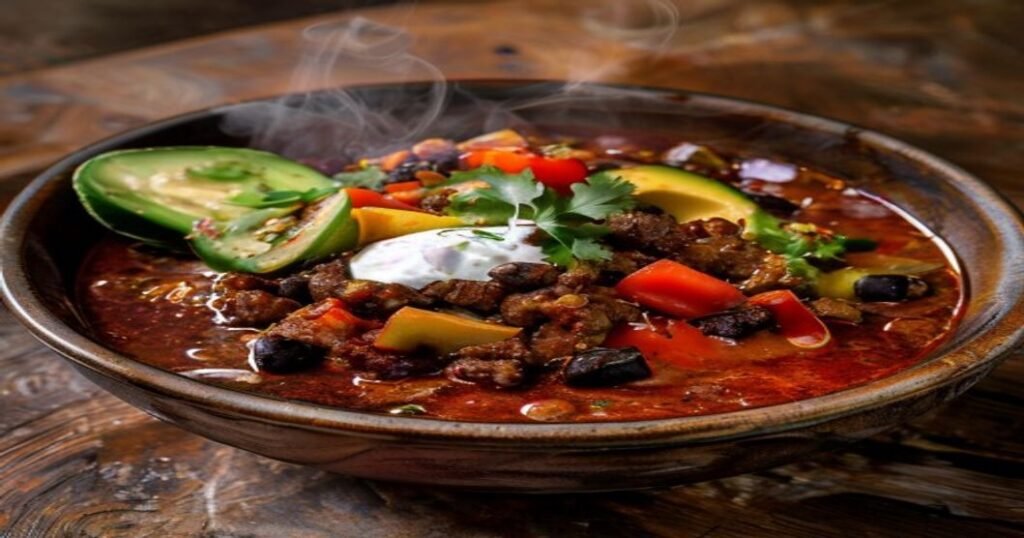 Spicy high-protein vegan tempeh chili with beans and veggies in a bowl