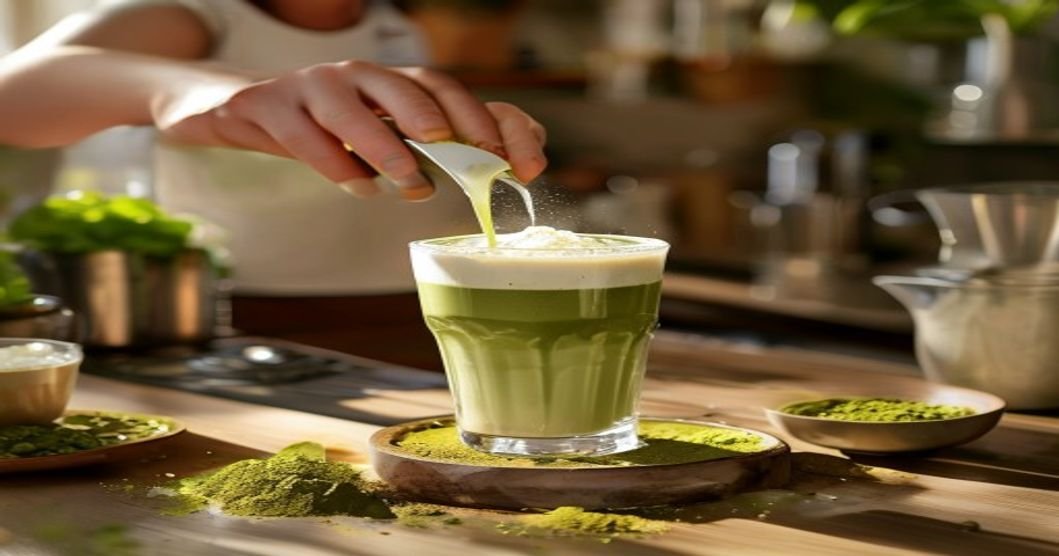 Fresh matcha powder whisked with cold milk and ice for a creamy homemade iced matcha latte