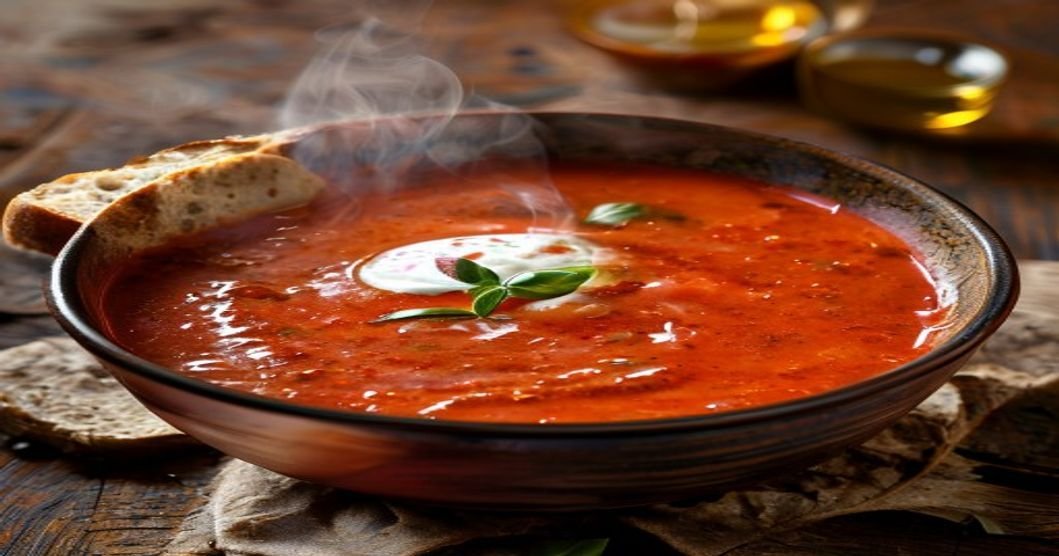 Warm Instant Pot creamy tomato basil soup in a bowl with fresh herbs and crusty bread
