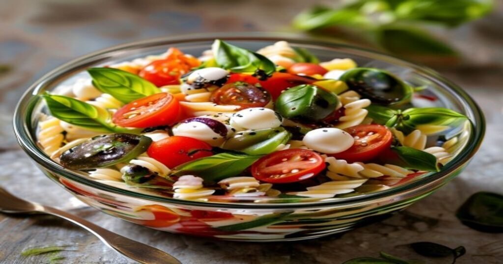 Mason Jar Caprese Pasta Salads with fresh mozzarella, tomatoes, and basil