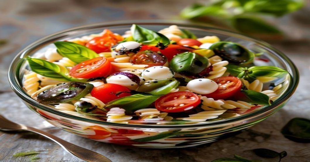 Mason Jar Caprese Pasta Salads with fresh mozzarella, tomatoes, and basil