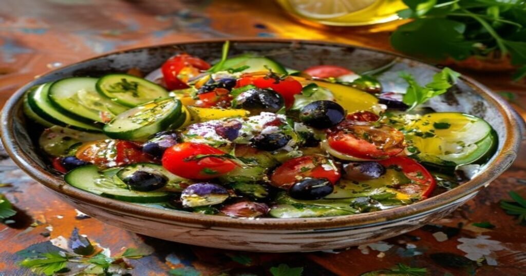 Fresh Mediterranean chickpea salad with cucumber, tomato, red onion, olives, and feta in a lemon-herb dressing (119 chars)