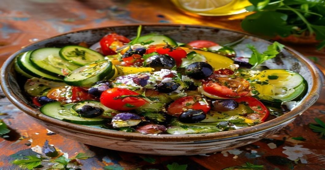 Fresh Mediterranean chickpea salad with cucumber, tomato, red onion, olives, and feta in a lemon-herb dressing (119 chars)