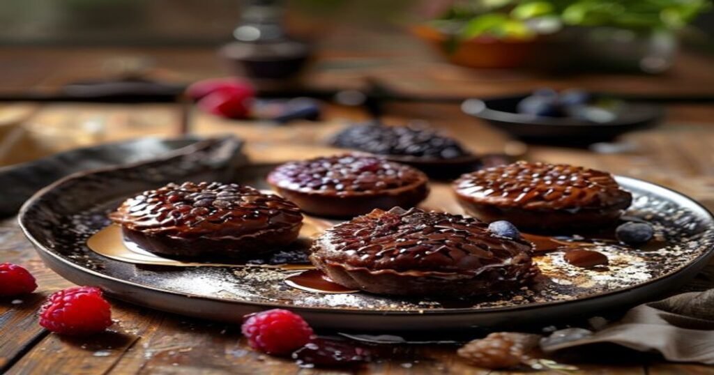 Mini chocolate tarts with fresh berries, individual dessert trend