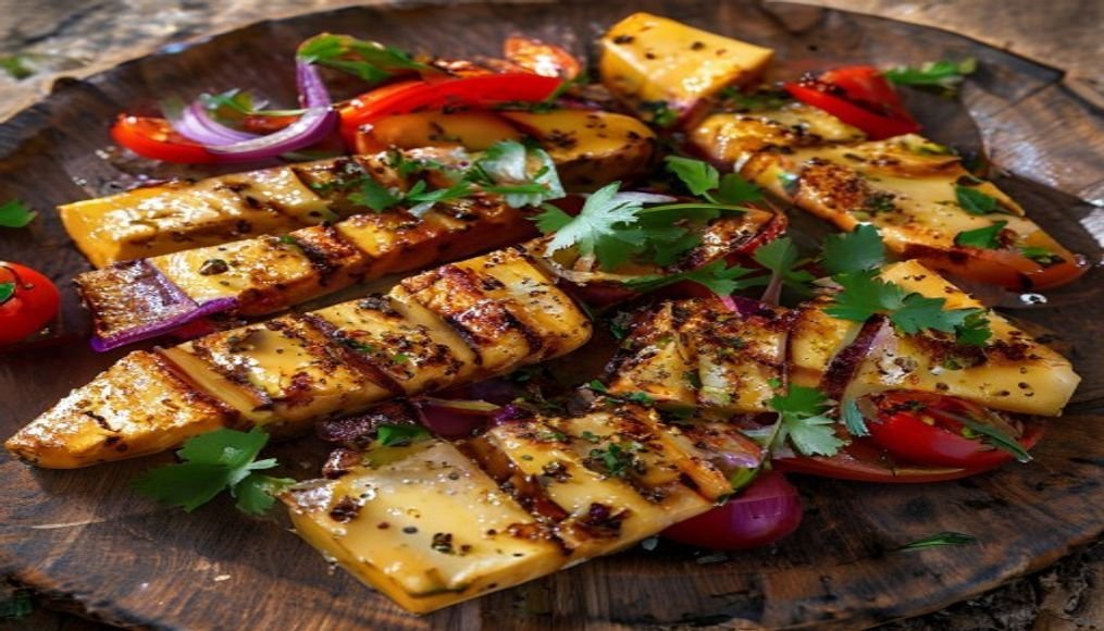 Moroccan spiced haloumi tray bake with honey-cumin glaze