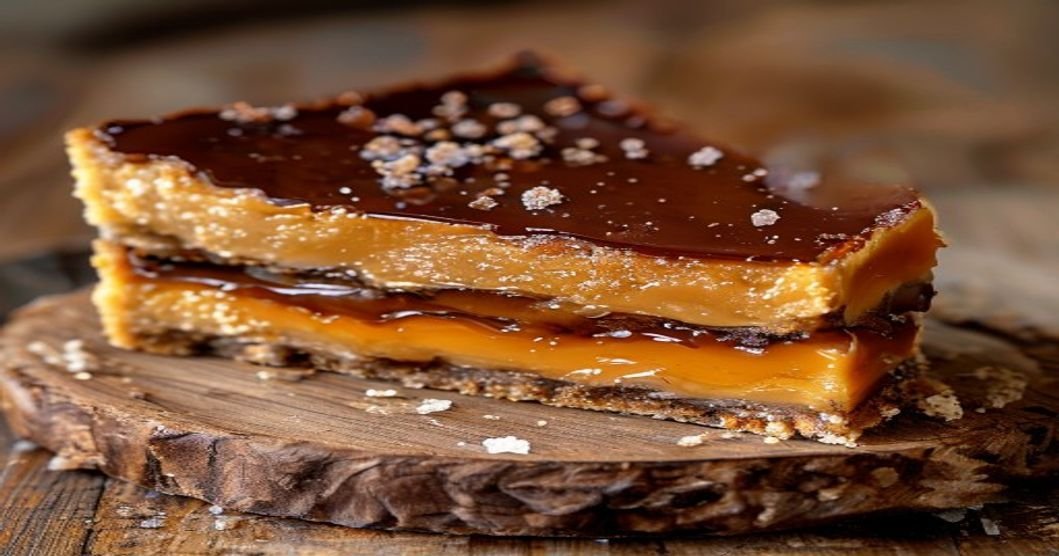 No-bake vegan caramel slice with creamy layers and chocolate base (118 characters)