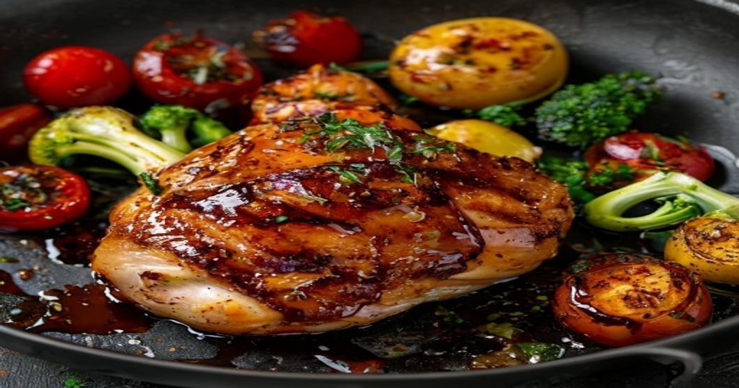Balsamic glazed chicken with roasted veggies in one pan (118 characters)