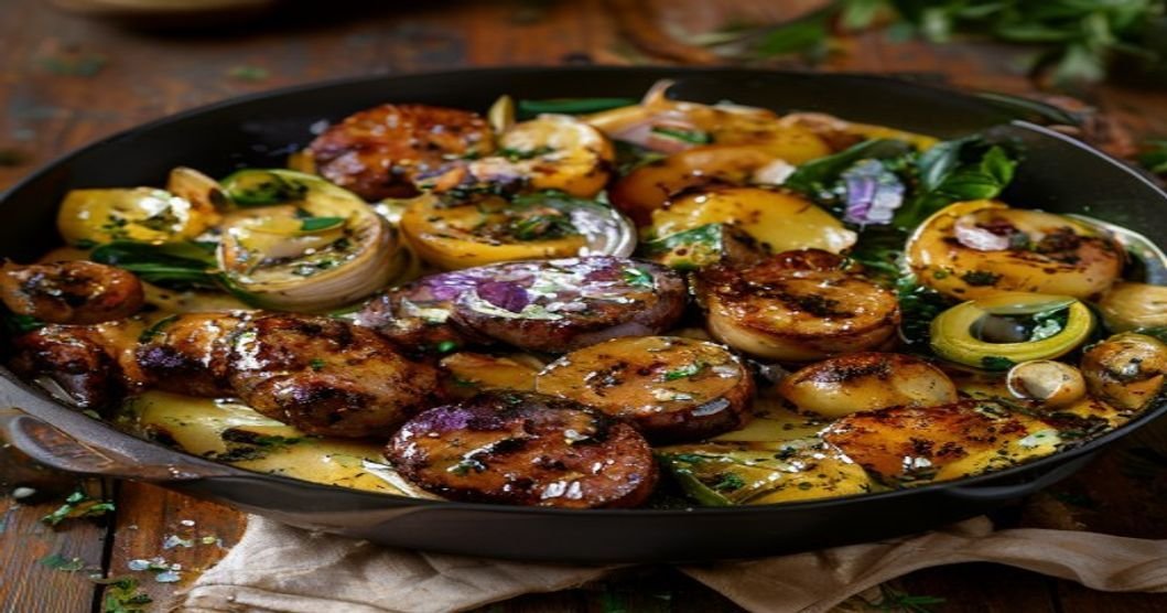 Vegan sausage & potato skillet cooked in one pan