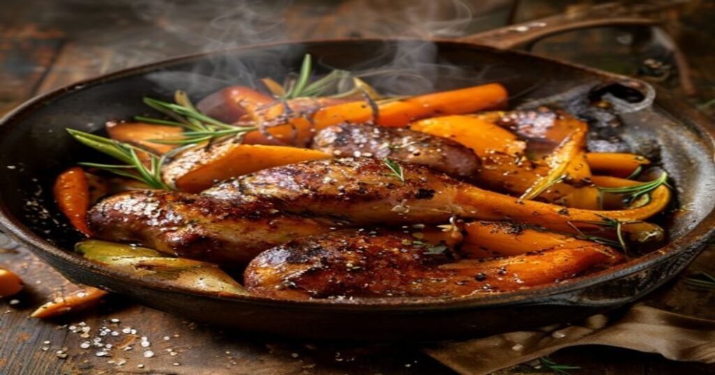 One-pan vegan sausage and root vegetable bake with roasted carrots, parsnips, and potatoes