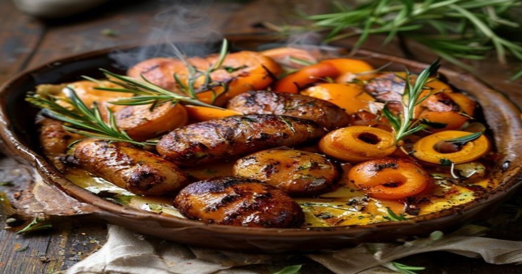 One-pan vegan sausage and root veggie bake with roasted carrots, parsnips, and potatoes