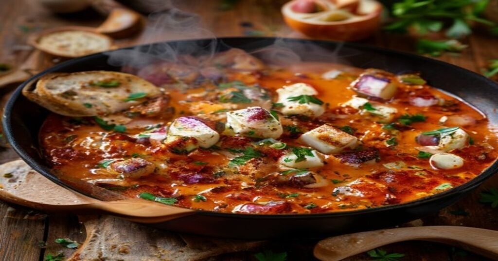 Vegan shakshuka with silken tofu in a one-pan skillet, plant-based breakfast or brunch dish (119 characters)