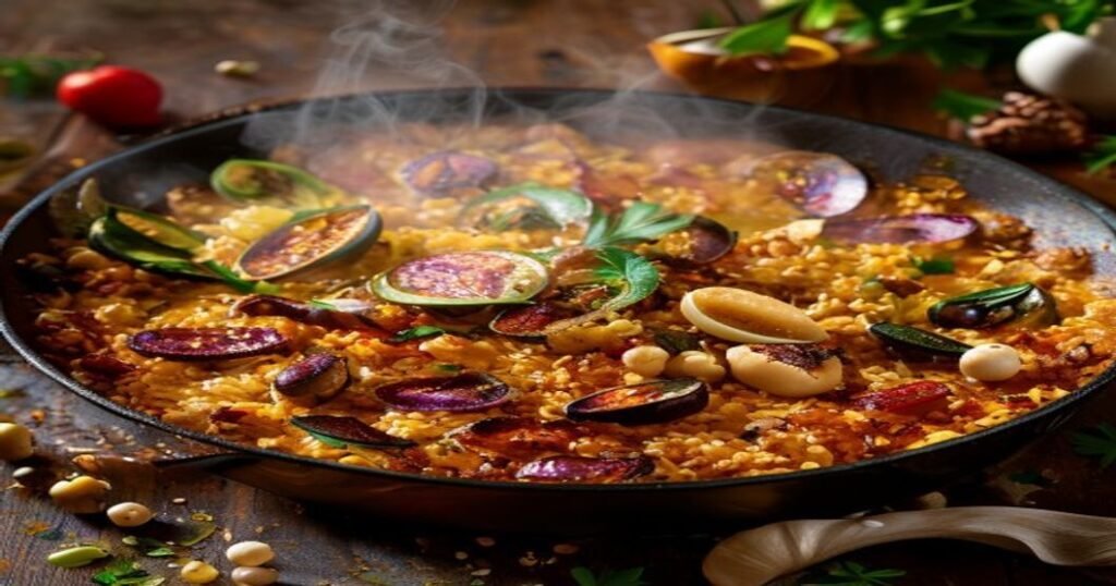 Vegan Spanish paella with artichokes in one pan, colorful plant-based rice dish with saffron and veggies