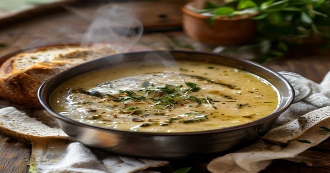 Warm one-pot creamy vegan white bean soup with herbs and vegetables in a bowl (118 characters)