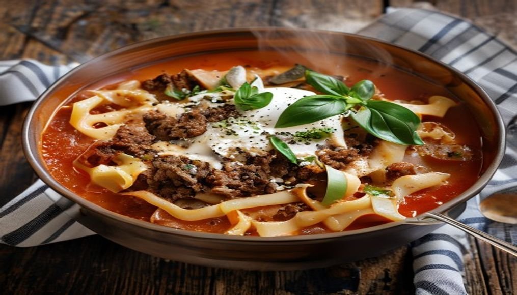 One-Pot High-Protein Lasagna Soup with lean ground beef