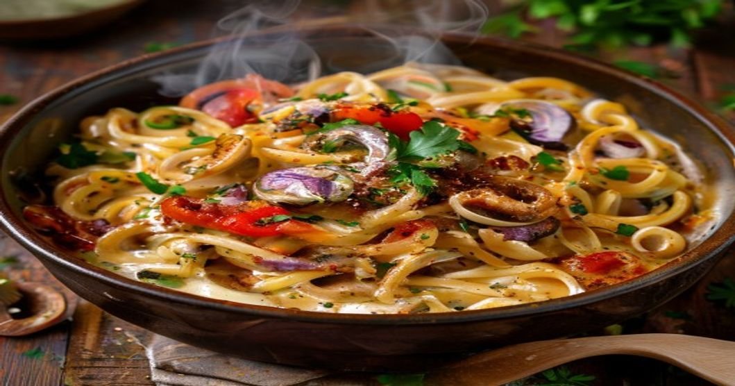 One-Pot Vegan Cajun Sausage Pasta with creamy sauce