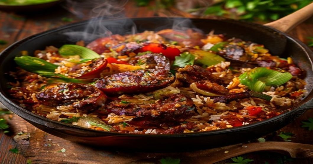 Spicy one-pot vegan jambalaya with bell peppers, beans, and Cajun seasoning (118 characters)