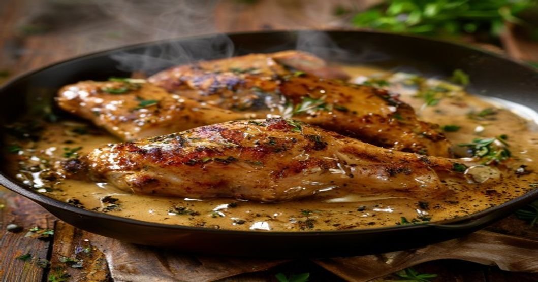 Creamy Dijon mustard chicken in a skillet with herbs and sauce