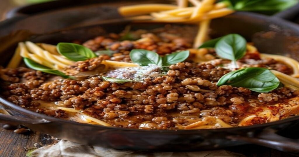 Healthy plant-based lentil walnut Bolognese over pasta Vegan lentil-walnut Bolognese sauce with herbs Protein-rich lentil and walnut meatless Bolognese Easy vegan lentil-walnut Bolognese recipe Savory lentil-walnut Bolognese for pasta dishes