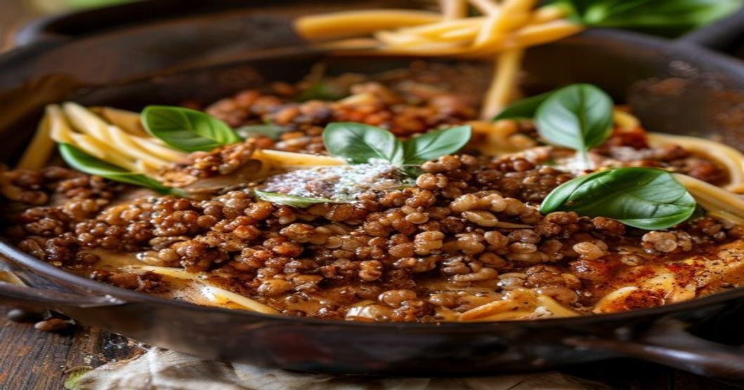 Healthy plant-based lentil walnut Bolognese over pasta Vegan lentil-walnut Bolognese sauce with herbs Protein-rich lentil and walnut meatless Bolognese Easy vegan lentil-walnut Bolognese recipe Savory lentil-walnut Bolognese for pasta dishes