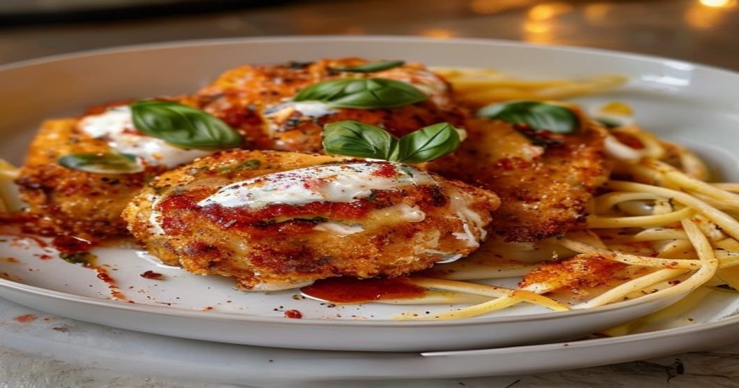 Quick air fryer chicken parmesan with crispy breading and melted cheese (118 characters)