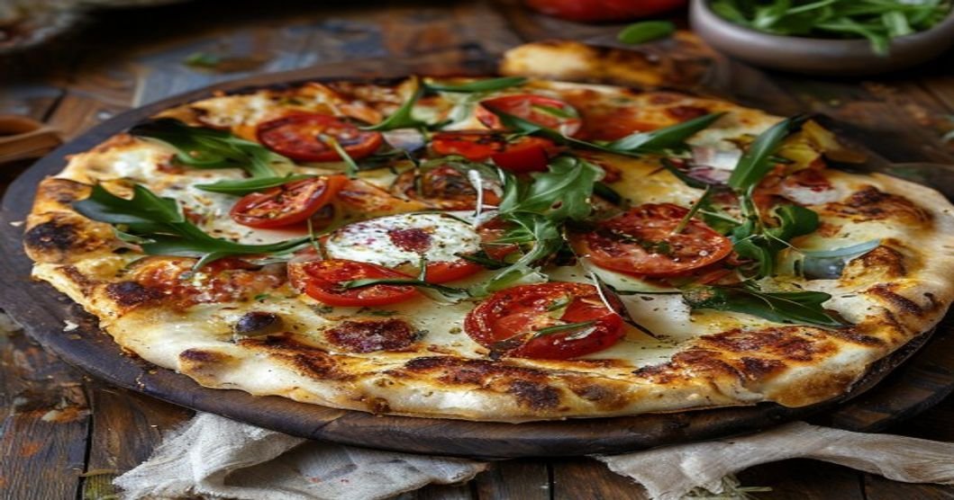 Quick Mediterranean flatbread pizza with fresh arugula