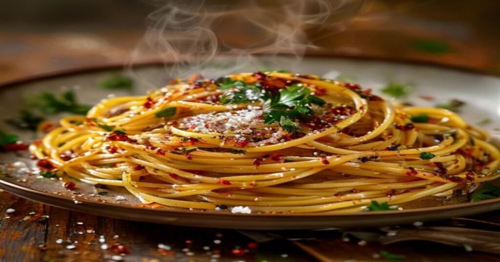 Quick vegan garlic & oil spaghetti (aglio e olio) with chili flakes (118 characters)
