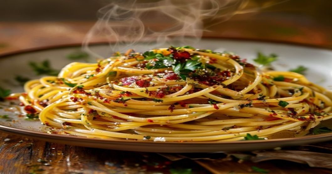Quick vegan garlic & oil spaghetti (aglio e olio) with chili flakes and parsley (119 chars)