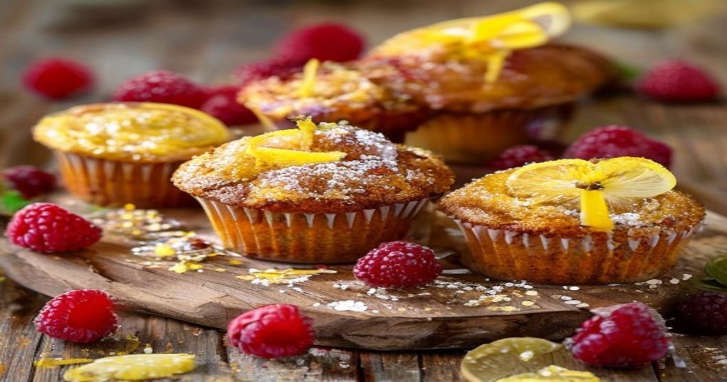 Fresh vegan lemon raspberry muffins with zesty glaze on wooden board