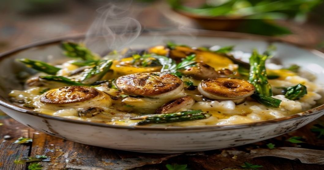 Quick vegan mushroom asparagus risotto with creamy Arborio rice