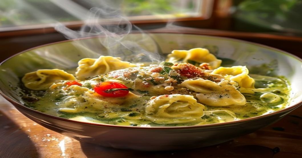 Quick Vegan Pesto Tortellini in bowl