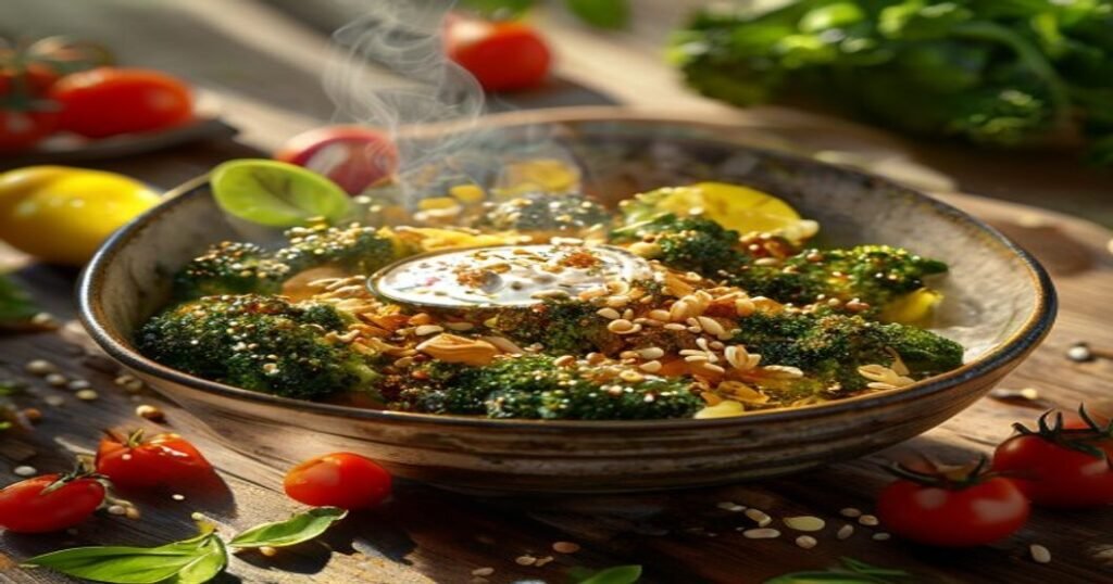 Quick vegan roasted broccoli & quinoa bowl with flavorful toppings