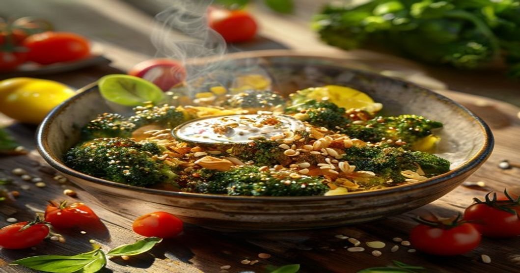 Quick vegan roasted broccoli & quinoa bowl with flavorful toppings