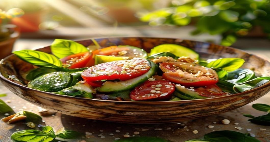 Refreshing summer salad with cucumber, tomato, and herbs