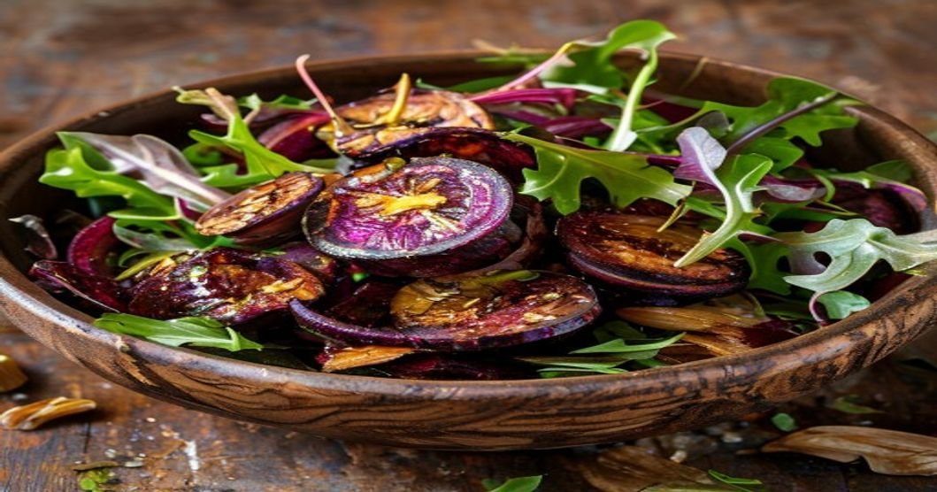 Roasted beet walnut salad with tangy maple vinaigrette on a white plate (118 characters)