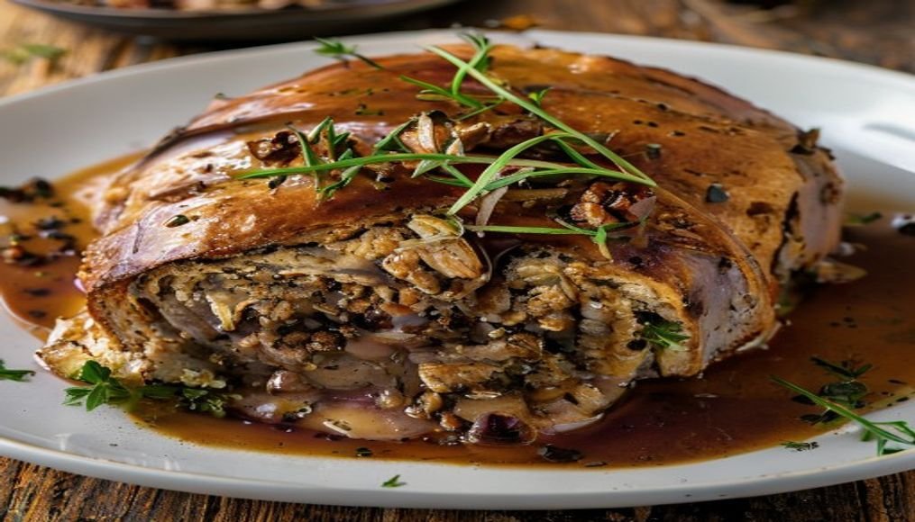 Savory Mushroom & Walnut Meatloaf with Onion Gravy