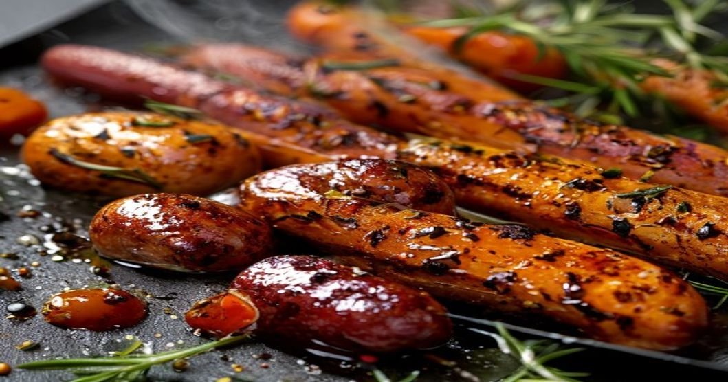 Balsamic sausage with roasted carrots, potatoes, and onions on a sheet pan (118 characters)