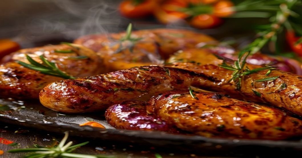 Grilled sheet pan sausage with bell peppers and onions recipe (118 characters)
