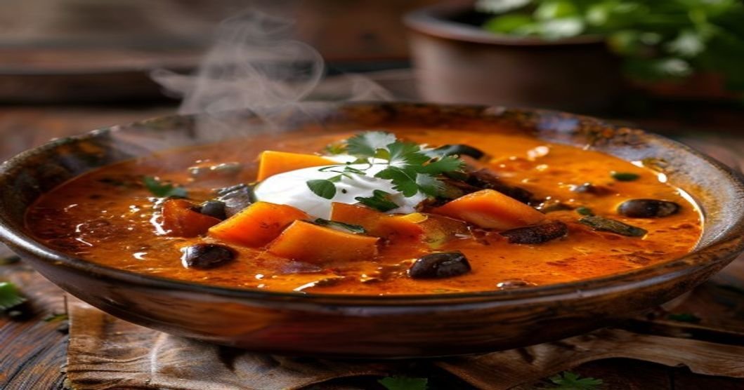 Slow cooker vegan butternut squash chili in a bowl with toppings (118 characters)