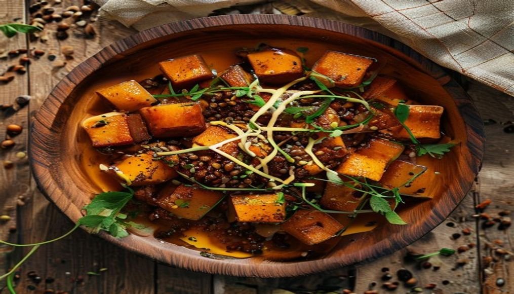 Smoky lentil & roasted sweet potato harvest bowl with fresh herbs