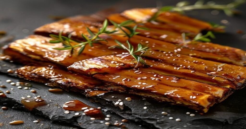 Smoky maple glazed tempeh bacon strips