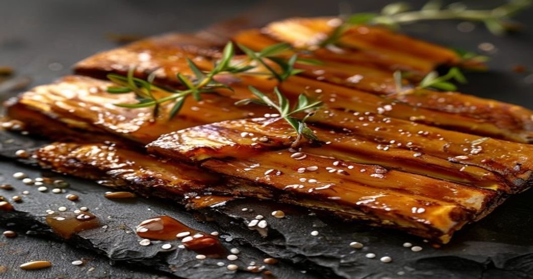 Smoky maple glazed tempeh bacon strips