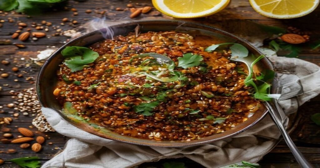 Spiced red lentil & spinach grain bowl with herbs