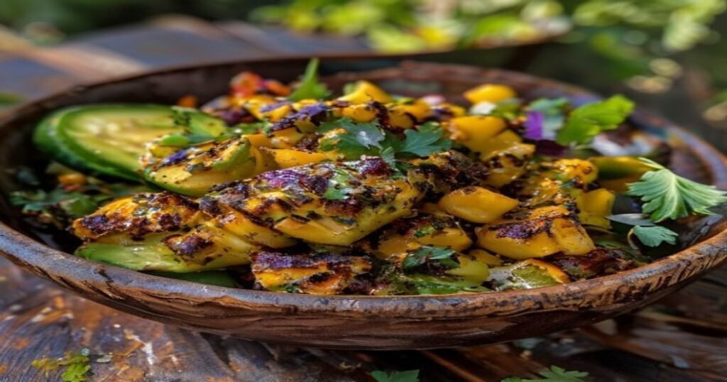 Spicy grilled chipotle corn avocado salad with fresh lime and cilantro (118 characters)