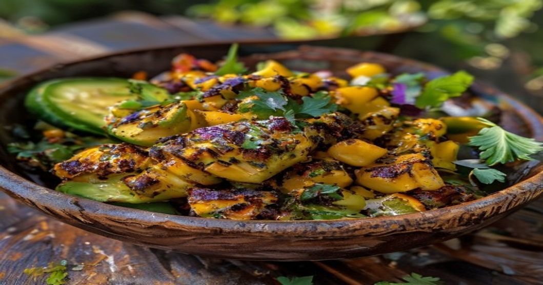 Spicy grilled chipotle corn avocado salad with fresh lime and cilantro (118 characters)