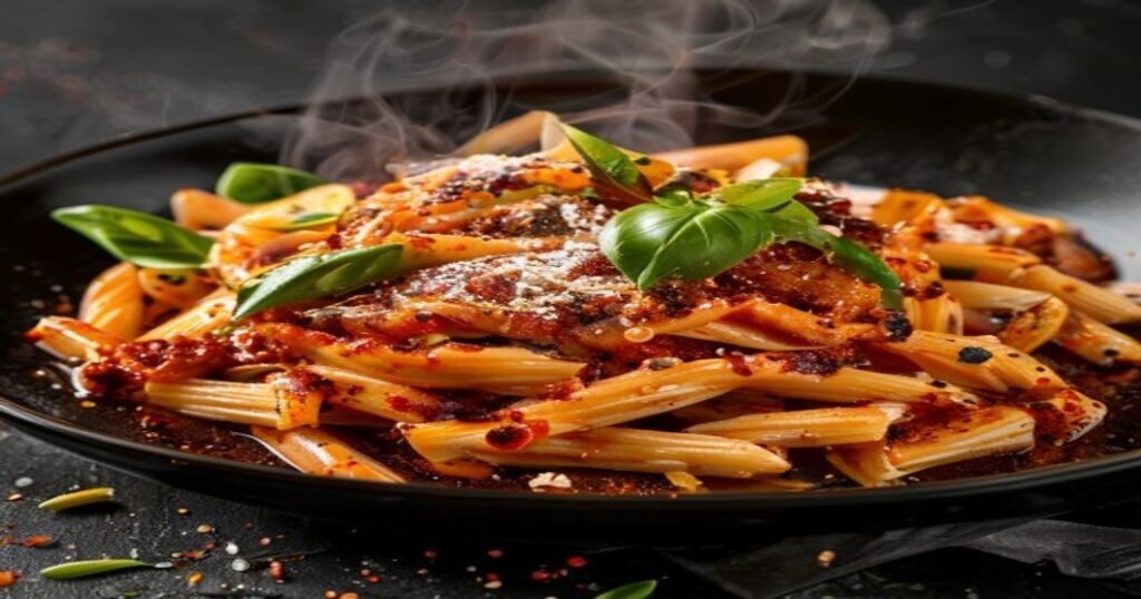 Spicy gochujang vodka pasta with creamy tomato sauce and chili flakes (118 characters)